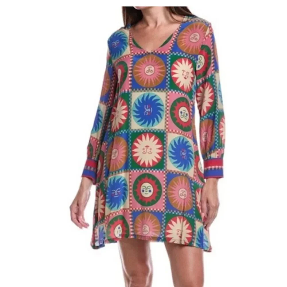 Johnny Was Workshop Silk V-Neck Swing Dress Sun Pattern Colorful Lionora Size S - Picture 1 of 9